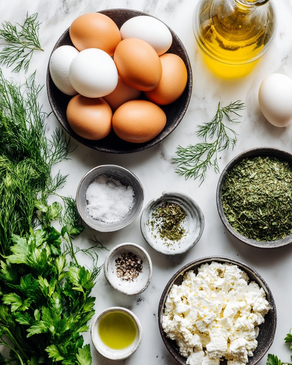 The image shows a white marbled surface with a dark bowl filled with a mix of six brown and white eggs near the top left. Below this bowl are fresh green parsley and dill sprigs scattered around. To the right of the eggs is a small silver container divided evenly between white powder and dried green herbs. Below this container is another small silver dish containing a mixture of salt and black pepper. Towards the bottom right, another dark bowl holds soft white crumbled cheese. At the top right, there is a glass bottle filled with golden olive oil, and near the bottom left, a small white bowl holds green olive oil. Photo taken with an iphone --ar 4:5 --v 7