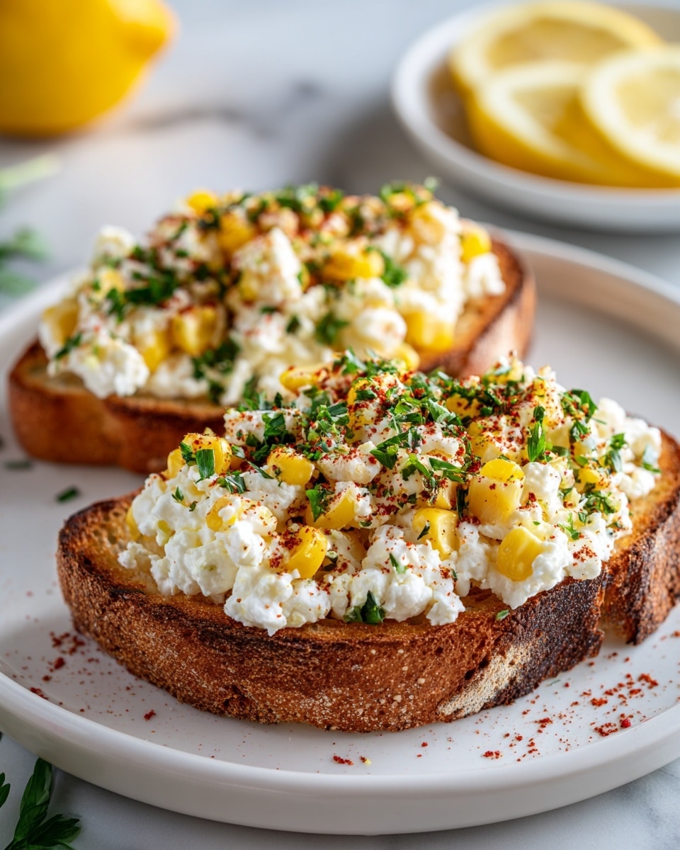 Two slices of toasted brown bread lie on a round white plate. Each slice has a thick layer of creamy white cottage cheese mixed with small yellow bits on top. The cottage cheese is sprinkled with fresh green herbs like dill and parsley, adding freshness and color. There is a light dust of reddish seasoning over the cheese. The plate sits on a white marbled surface with some scattered green herbs nearby. The background is softly blurred with a plate holding lemon slices visible. photo taken with an iphone --ar 4:5 --v 7