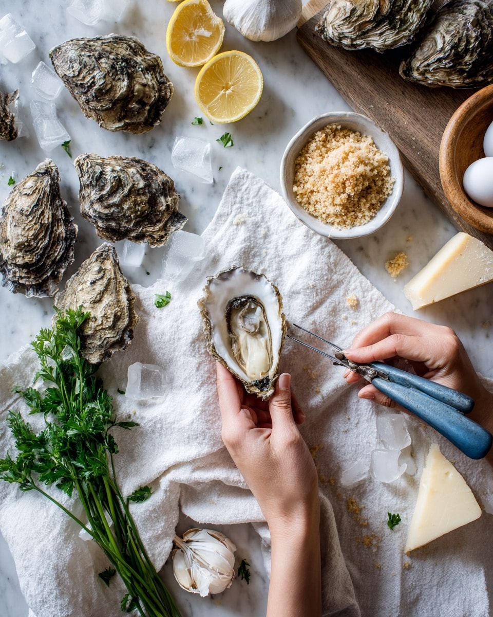 A woman's hand holds a rough oyster shell, with another woman's hand using a small blue-handled knife to open it, revealing the inside. The oyster shells, dark and textured, are scattered over a soft white cloth that runs diagonally across a wooden surface, along with lemon wedges, ice cubes, and fresh green parsley sprigs. To the side, there is a small white bowl filled with light brown breadcrumbs and a wooden bowl holding three white eggs. A whole garlic bulb and a thick stick of cheese rest near the bottom right corner. The scene shows a casual seafood preparation on a white marbled textured surface photo taken with an iphone --ar 4:5 --v 7