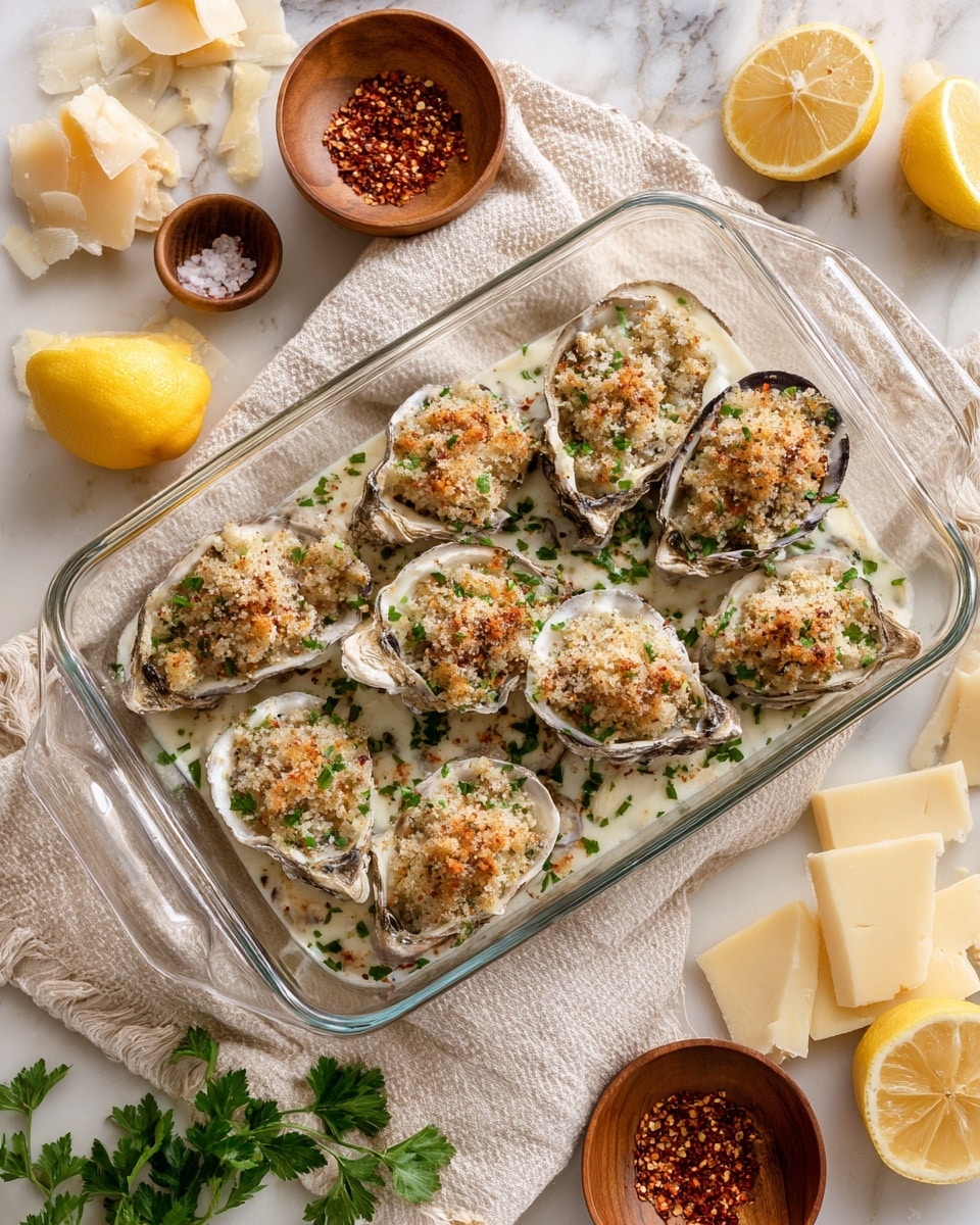 The image shows a clear glass baking dish filled with stuffed oysters arranged in two layers, each oyster shell dark and rough on the outside, topped with a creamy white sauce and sprinkled with fresh green parsley leaves. The stuffing inside the oysters is golden brown and textured. The baking dish sits on a white marbled surface with a white cloth draped around it. Surrounding the dish are lemon wedges, a small bowl of crushed red pepper flakes, a block of pale cheese, some fresh parsley, garlic cloves, and oyster shells. The overall look is fresh and rustic. photo taken with an iphone --ar 4:5 --v 7