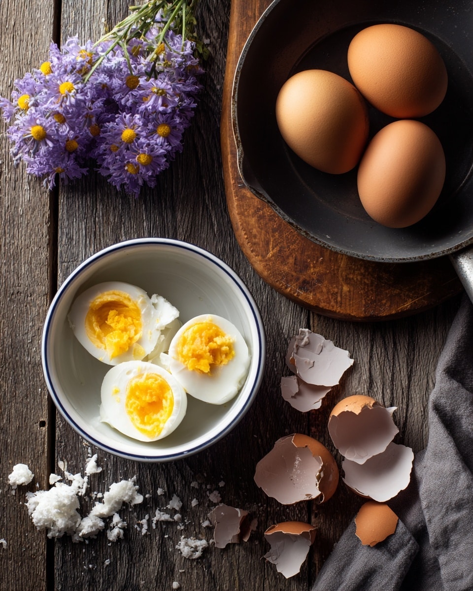 Two brown eggs sit inside a dark metal pan placed on a wooden chopping board in the top right corner. Below the board, a white bowl with a thin blue rim holds five peeled boiled eggs, two of which are sliced in half to show their bright yellow yolks inside white egg whites. Pieces of cracked brown and white eggshell are scattered on a dark wooden surface, which is contrasted by a bunch of purple flowers with yellow centers hanging from the top left corner. photo taken with an iphone --ar 4:5 --v 7