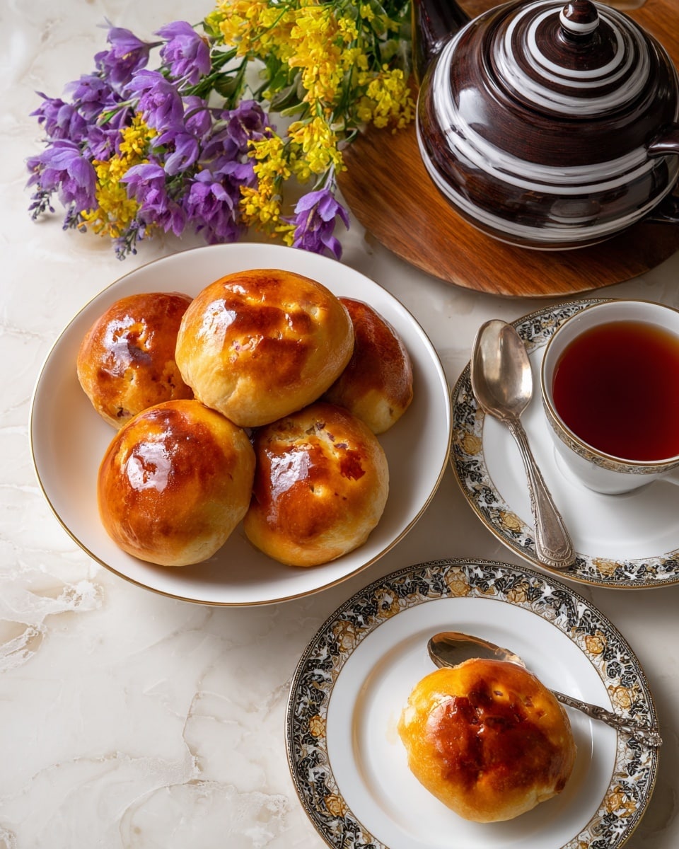 A white bowl filled with seven golden-brown pastries sits at the center of a wooden table, with a white plate below it holding three similar pastries that show a light, flaky texture. To the right is a white teacup with dark trim and gold leaf patterns, filled with a reddish tea, resting on a matching saucer with a silver spoon beside it. At the top right of the image, a white teapot with a dark and gold pattern is placed. Purple and yellow flowers hang down from the top left corner, adding color contrast to the rustic, weathered wood surface underneath. Photo taken with an iphone --ar 4:5 --v 7