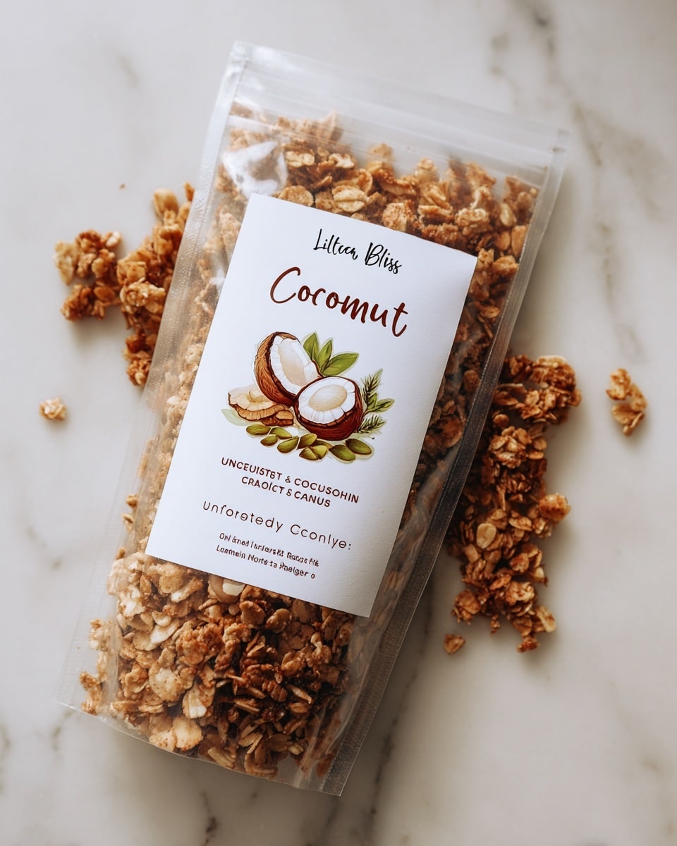 The image shows a clear plastic bag of granola lying on a white marbled surface. The granola inside is light brown with visible oats and a few green seeds. The top part of the bag has a white label with brown-orange borders, displaying an illustration of a whole coconut, which is brown and white, positioned near the center. The text on the label includes the product name in dark brown and black fonts, with phrases like