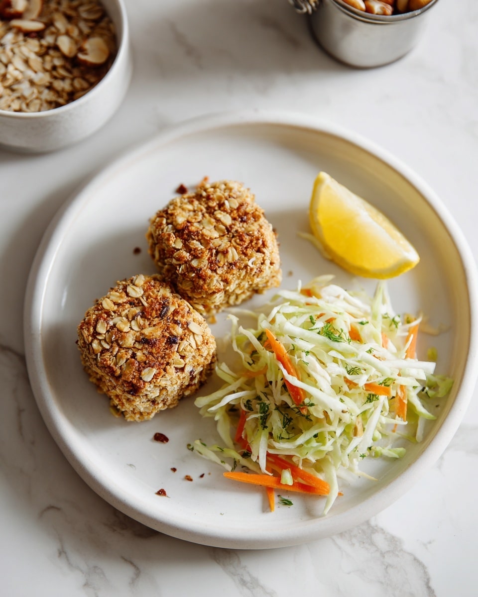 On a white plate, there are two baked pieces covered with oats and raisins, stacked one on top of the other towards the left side. To the right, there is a colorful mix of cooked vegetables including thin slices of carrot, cabbage, and green leafy bits. A small wedge of lemon sits behind the baked pieces near the center of the plate. In the background, a silver small pot filled with a grain mixture and a large white bowl with more cooked vegetables are placed on a wooden surface. The whole scene is set on a white marbled texture. photo taken with an iphone --ar 4:5 --v 7