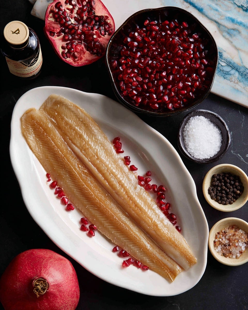 A single long piece of cooked fish with a light brown color and soft texture lies flat on a white oval plate, placed on a dark surface. Around the plate, there is a small black bowl filled with bright red pomegranate seeds, a whole red pomegranate, a halved pomegranate showing its red seeds inside, a small round dish with white salt crystals, another small dish with dark black peppercorns, and a black bottle with a cream and dark red label. The background has a white marbled texture. photo taken with an iphone --ar 4:5 --v 7