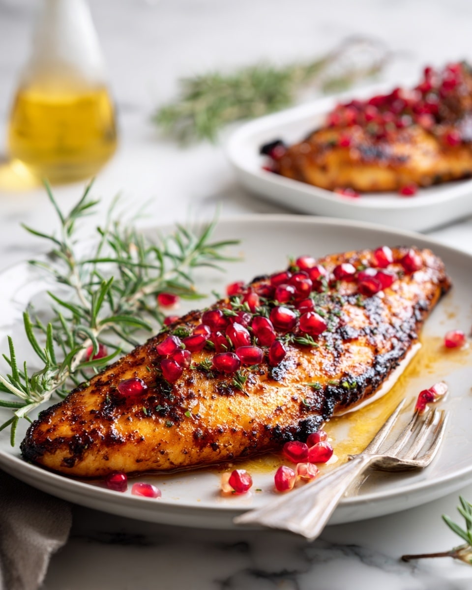 A single piece of cooked salmon with a brown, slightly crispy texture sits on a dark metallic plate, topped with bright red pomegranate seeds that add a glossy contrast. A silver fork rests to the right side of the fish on the plate. In the background, there is more salmon on a white rectangular tray with parchment paper, also sprinkled with pomegranate seeds, all placed on a surface with a white marbled texture. A sprig of fresh rosemary lies to the left side of the scene. Photo taken with an iphone --ar 4:5 --v 7