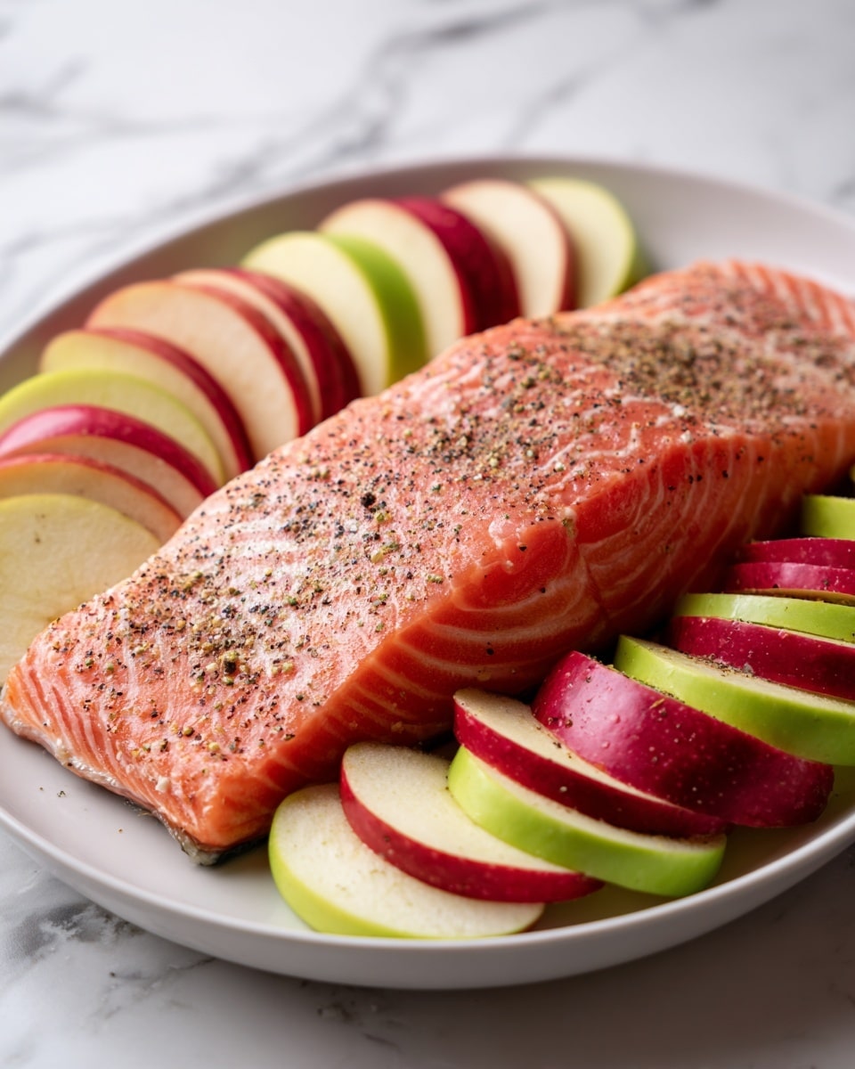 The image shows a large piece of pink salmon fillet placed in the center of a white plate, sprinkled with black pepper and other fine spices. Around the salmon, there are thin slices of red and green apples arranged neatly in overlapping layers, covering the whole plate edge and making a colorful border. The background has a white marbled texture which adds a clean and elegant feel to the presentation. Photo taken with an iphone --ar 4:5 --v 7