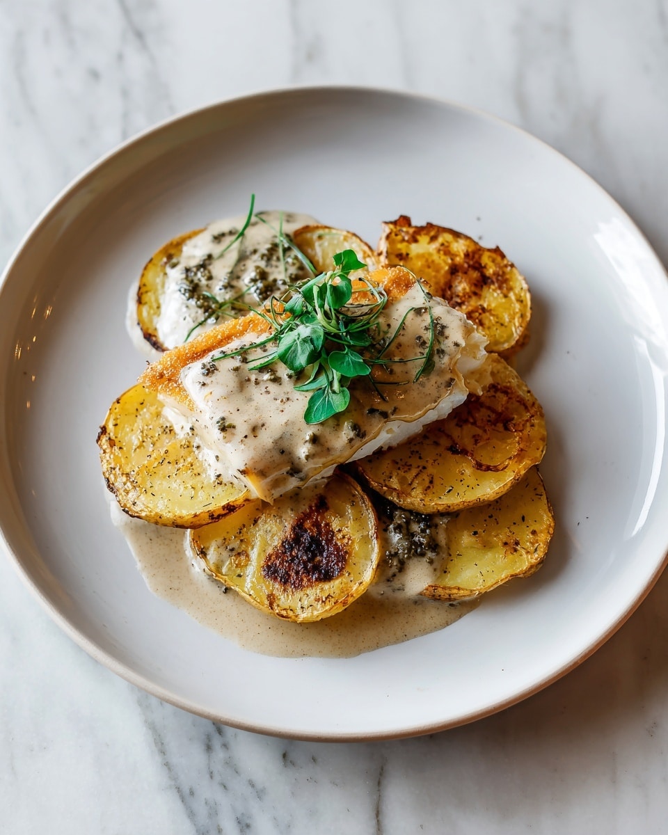 The dish shows a white round plate placed on a white marbled surface. The plate holds a base layer of thinly sliced roasted potatoes with brown edges and golden-yellow centers, some slices showing a bit of seasoning. On top of the potatoes, there is a piece of cooked fish with a light brown crust and a smooth texture. The fish is garnished with a small green sprig of fresh herb, adding a fresh contrast to the warm tones of the dish. The lighting is natural and soft, highlighting the textures and colors gently. photo taken with an iphone --ar 4:5 --v 7