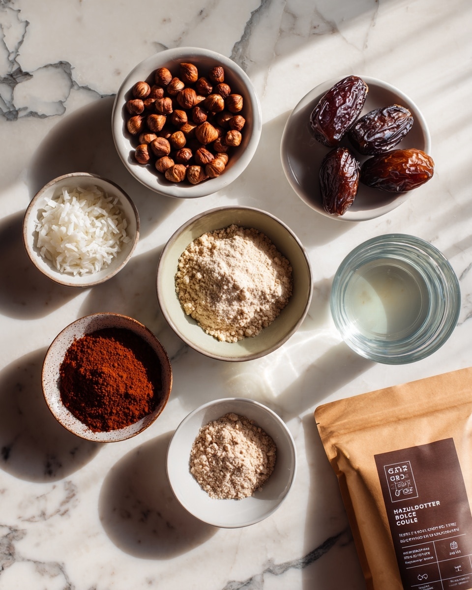 The image shows six small white bowls arranged on a white marbled surface, each containing different ingredients: the top bowl is filled with whole brown hazelnuts; to the right, a bowl holds three dark brown dates that look glossy; below the hazelnuts, a bowl is filled with white shredded coconut, which has a rough, flaky texture; next to the coconut is a bowl with light brown protein powder that has a smooth, powdery texture; below the protein powder is a bowl with reddish-brown cocoa powder, finely ground and slightly mounded; next to the cocoa powder is a smaller bowl with white salt grains, partially filled; below the salt is a white bowl containing clear water, reflecting light softly. On the right side next to the bowls is a brown package labeled