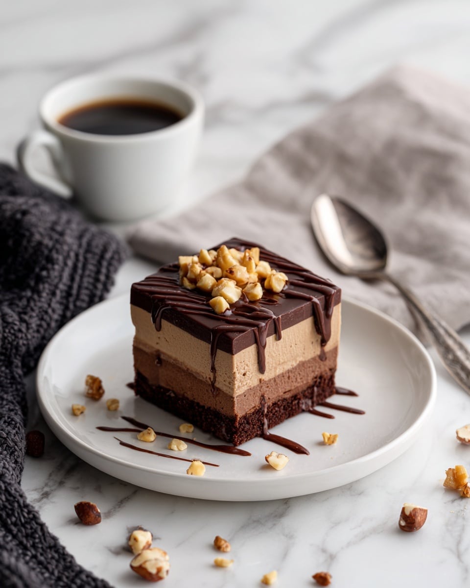 A square chocolate dessert bar sits on a round white plate with a slight rim, placed on a white marbled surface. The bar is topped with dark chocolate drizzle and scattered pieces of light brown hazelnuts, with visible texture on the bar’s sides showing bits of nuts or grains inside. In the blurred background, there is a white ceramic cup filled with dark coffee, some hazelnuts scattered around, a silver spoon resting on a gray cloth, and parts of a dark textured fabric, all set on the white marbled surface. The lighting is soft, giving a cozy feel. photo taken with an iphone --ar 4:5 --v 7
