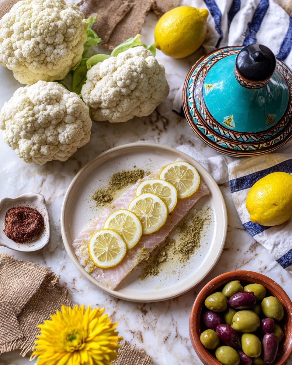A white plate holds a pink fish fillet topped with four thin yellow lemon slices arranged in a line. The fish sits on a bed of scattered greenish-brown powder. Surrounding the plate, there are three white cauliflower heads of varying sizes placed on a white marbled surface with rough brown burlap fabric under some. A bright yellow lemon is near the cauliflower heads. Nearby, there is a small, round white dish with dark brown paste and a small brown bowl filled with green and dark purple olives on a white cloth with blue stripes. A turquoise tagine-shaped container with a black top holds three green olives in its base. A yellow chrysanthemum flower lies near the bowls. The overall scene is bright with a natural, rustic look. photo taken with an iphone --ar 4:5 --v 7