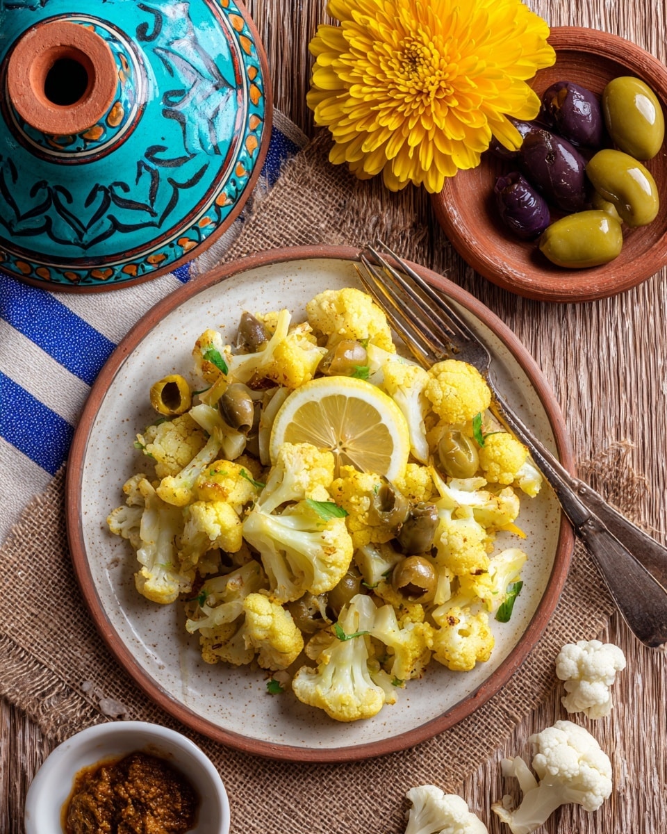 A white plate with a turquoise center holds a dish layered with yellow roasted cauliflower pieces at the bottom right, a cooked seasoned piece of fish with a slightly browned crust in the middle, topped by a thin round lemon slice, and scattered green olives around the edges. A silver fork rests on the right side of the plate. In the background, there is a rustic wooden surface covered partly by a brown burlap fabric on the left, a white marbled texture under the plate, with cauliflower florets and a bright yellow flower and lemon near the top right. Several small bowls with green and dark olives, and a dark brown chutney are visible, along with a turquoise ceramic tagine lid on the left. The scene is lit naturally, creating soft shadows and warm tones. Photo taken with an iphone --ar 4:5 --v 7