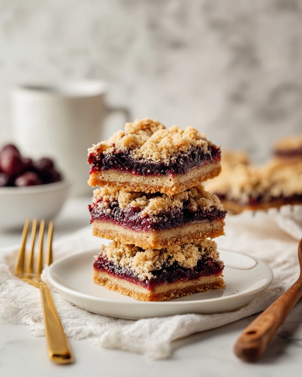 A stack of three square crumb bars is placed on a small white plate on a white marbled surface. Each bar has three layers: a golden brown crumbly base, a thick middle layer of dark purple berry filling, and a top layer of pale crumbly streusel with some darker spots. Behind the plate, there is a small white bowl with more dark purple berries and a white cup, both resting on a wooden tray. To the right of the plate, there are several wooden measuring spoons, and to the left, a gold fork is laid on a white cloth. The photo taken with an iphone --ar 4:5 --v 7