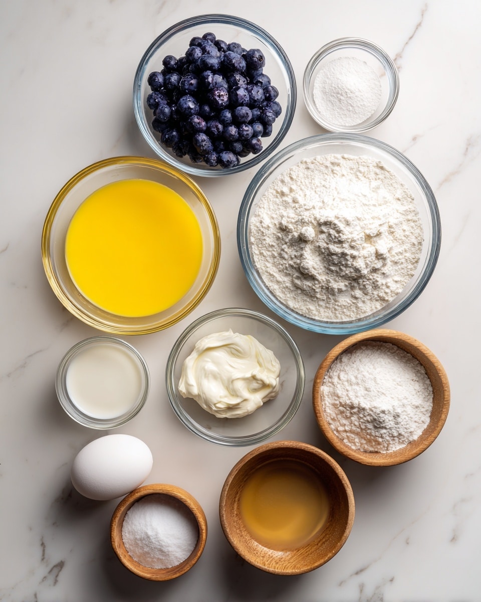 The image shows eight small clear glass and two small wooden bowls arranged on a white marbled surface. The largest clear glass bowl in the bottom right is filled with white flour. Above it, a small clear glass bowl contains a white powdered ingredient. To the left of that is another small clear glass bowl with frozen dark blueberries. Below the blueberries is a medium clear glass bowl with bright yellow melted butter. Below the butter, a small clear glass bowl holds white cream. Next to the cream is a small clear glass bowl containing white milk. To the right of the milk, a small clear glass bowl has a single white egg along with some powder on the bottom. In the bottom center is a small wooden bowl with a light brown liquid, and above the egg is a small wooden bowl with white powder inside. All the bowls are placed on a clean white marbled background, and the image is brightly lit. photo taken with an iphone --ar 4:5 --v 7