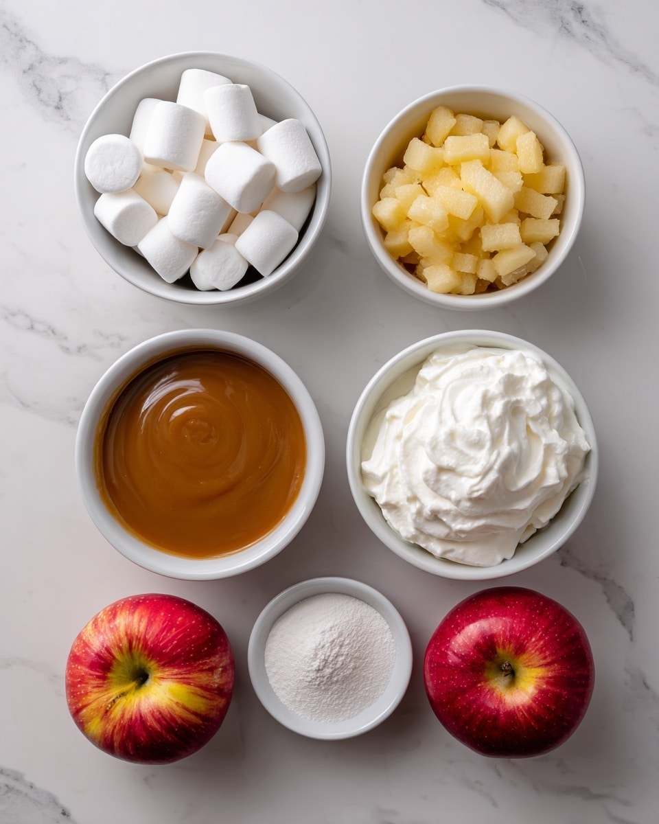 Four white bowls and three red apples are arranged on a white marbled surface. The top left bowl holds small white marshmallows stacked inside. To its right, a bowl contains a chunky yellow mixture. Below the marshmallows, there is a bowl filled with smooth, light brown caramel sauce. Next to the caramel sauce on the right, there is a bowl of fluffy white whipped cream. Below the caramel sauce is a small bowl of white powder, likely sugar or flour. The three red apples, with yellow highlights, are placed in a line below the bowls. photo taken with an iphone --ar 4:5 --v 7