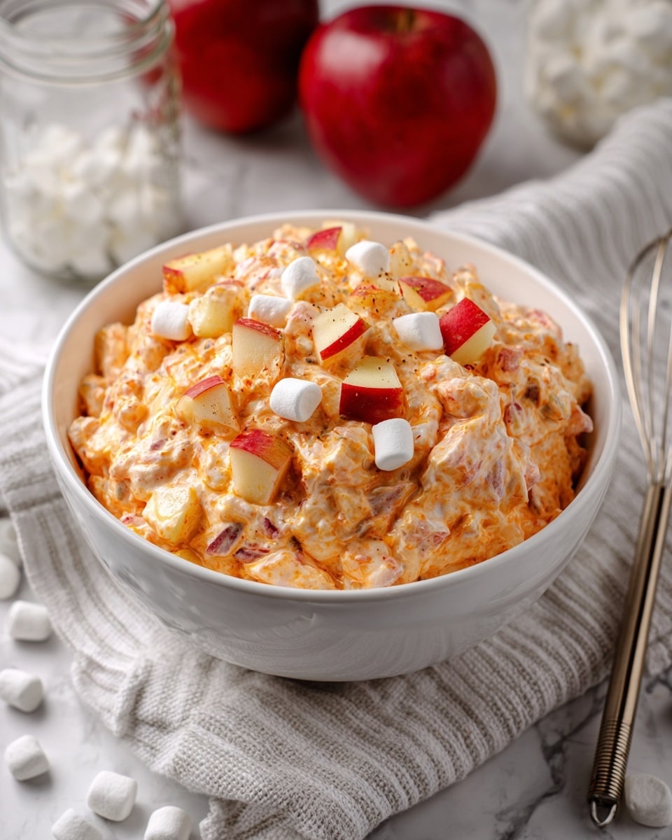 A white bowl filled with a creamy, light orange mixture that looks soft and lumpy. On top, there is a heap of chopped apple pieces with red and yellow skin, adding bright colors and a fresh look. The bowl sits on a gray and white striped cloth placed over a round yellow woven mat, with small white marshmallows scattered on the cloth's side. Nearby, there is a metal whisk with a wooden handle. In the background, two red apples and two glass jars with light-colored drinks are visible against a white marbled surface. photo taken with an iphone --ar 4:5 --v 7