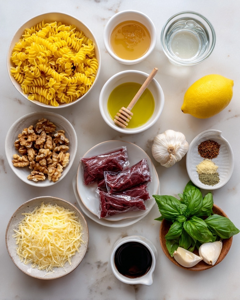 A collection of ingredients is arranged neatly on a white marbled surface. At the top left, a white bowl holds bright yellow fusilli pasta. To its right, two small white bowls contain clear water and golden honey with a wooden honey dipper. Below the pasta bowl, a smaller white bowl holds light brown walnut pieces. Near the center, another white bowl with green olive oil and next to it a white bowl filled with shredded pale cheese. Two vacuum-sealed packages of dark red meat sit together near the bottom center. Around the edges, there is a half lemon, three garlic cloves, a mix of ground spices on a small round plate, fresh green basil leaves, and a small cup with dark balsamic vinegar. The photo taken with an iphone --ar 4:5 --v 7