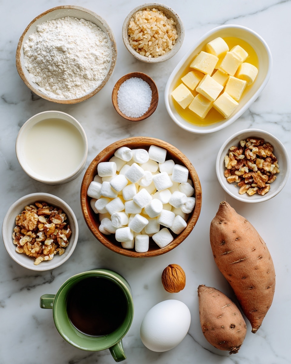The image shows various cooking ingredients arranged on a white marbled surface. In the center, there is a wooden bowl full of small white marshmallows. Above it, two white dishes hold cubed butter and a yellow melted mixture. Surrounding the center are small white bowls: one with flour, another with brown sugar, and one with mixed chopped nuts. A small wooden bowl holds coarse salt, and a small nutmeg seed is nearby. To the right, a whole and a half-cut sweet potato are placed on the surface. At the bottom, there is a white bowl with cream, a green cup with dark liquid, and a single white egg. The overall look is bright with natural light, capturing clear textures of each ingredient photo taken with an iphone --ar 4:5 --v 7