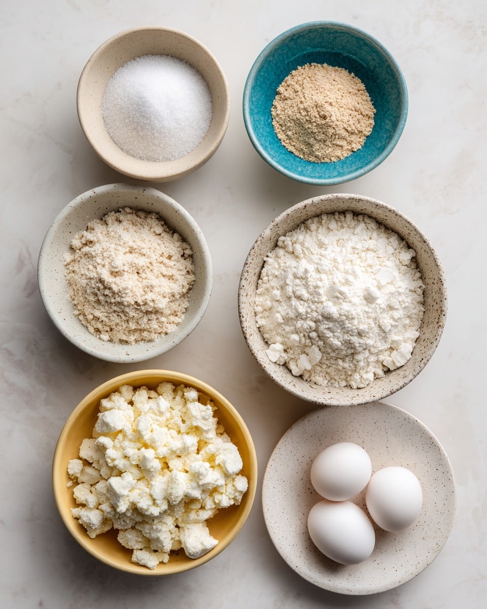 The image shows six bowls on a white marbled surface, each with different ingredients. Starting from the top left, a small round bowl holds a white powdery substance, possibly salt, in a beige bowl. To its right, a small blue bowl contains a light brown powder. Below, a white bowl is filled with coarse crumbs in shades of beige and light brown. Next to it on the right, a speckled beige bowl is packed with irregular white blob-like chunks. Below on the left, a small yellow bowl holds a white powdery ingredient that looks like flour. Finally, on the bottom right, a white plate holds three whole white eggs. The arrangement is neat and spaced out. Photo taken with an iphone --ar 4:5 --v 7