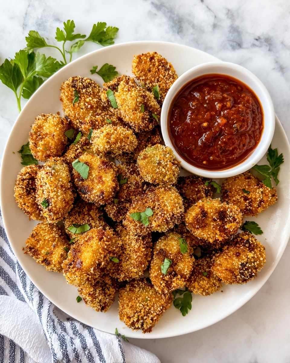 A white plate is filled with about a dozen crispy golden brown nuggets with a crumbly texture. Bright green flat parsley leaves are scattered on top as garnish. To the upper right of the plate, there is a small white scalloped bowl filled with chunky red sauce. A blue and white striped towel is casually placed next to the plate on a white marbled surface. The photo taken with an iphone --ar 4:5 --v 7