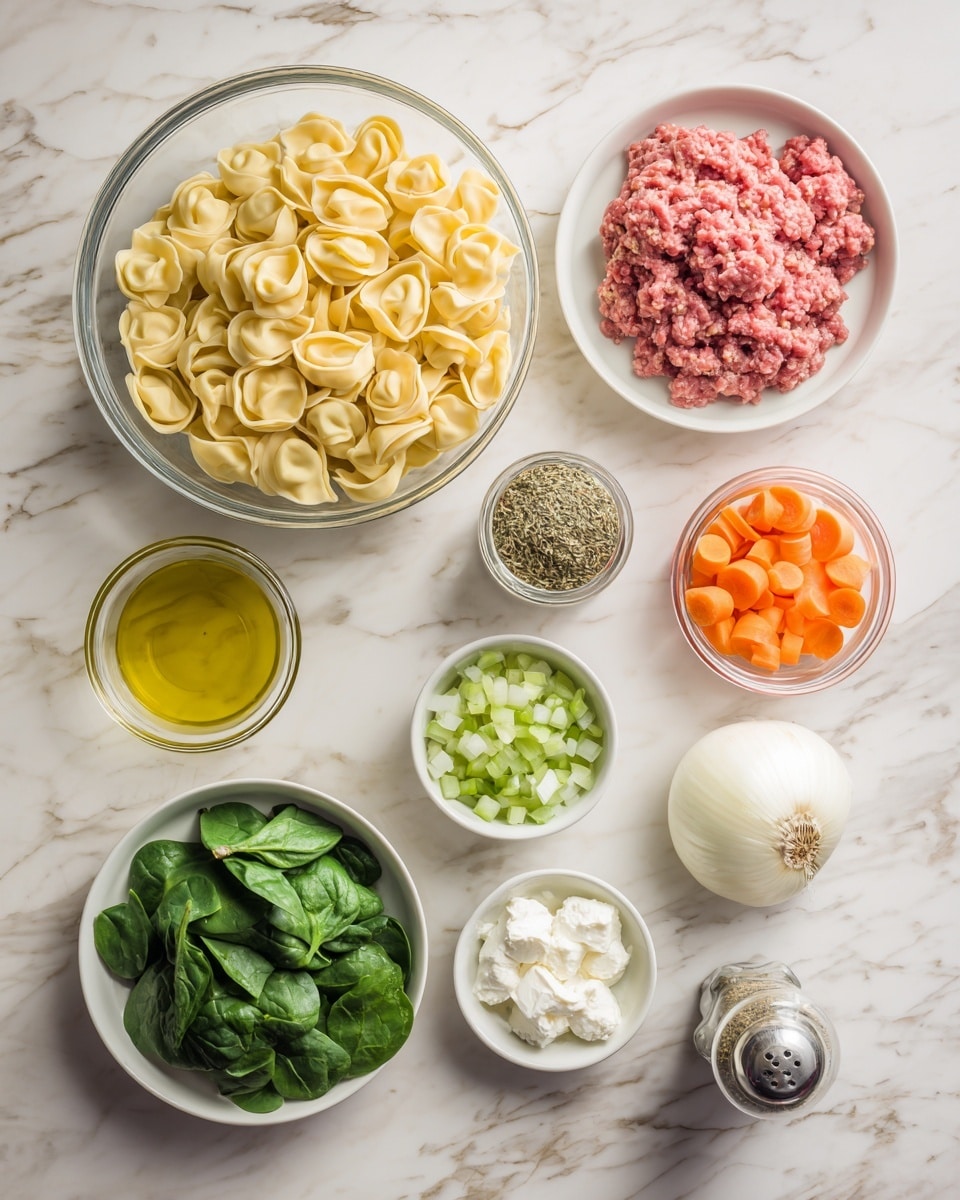 The image shows a white marbled surface with several bowls and containers holding ingredients arranged neatly. At the center is a medium clear glass bowl filled with pale yellow tortellini. Above this bowl is a white bowl with raw ground meat, red and pink in color. To the right of the meat is a small clear glass jar containing chopped orange carrots, and next to it is a tall clear pepper grinder filled with dried mixed herbs. Below the carrots is a small white bowl filled with chopped green celery. At the bottom left, there is a white plate with bright green fresh spinach leaves. Next to the spinach is a small white bowl containing chopped white onions. Above the spinach and left of the meat, a small white bowl holds dollops of creamy white ricotta cheese. Near the bottom left corner, there is a tiny clear glass container with minced garlic. Near the top left corner is a small clear glass container filled with golden yellow olive oil. The items are spaced evenly, all on a white marbled textured surface. Photo taken with an iphone --ar 4:5 --v 7