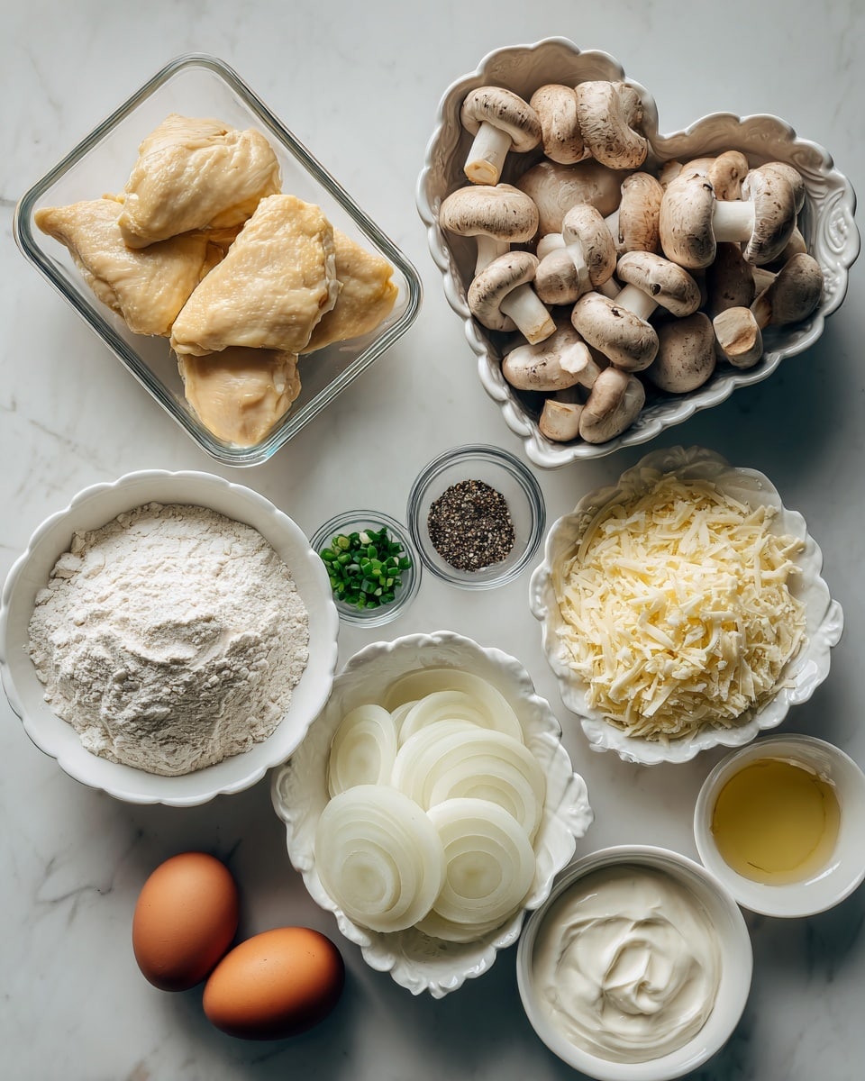 A clear rectangular container holds four pale yellow chicken pieces at the top left. To the right, a white, ornate, heart-shaped bowl is filled with many small, fresh brown and white mushrooms with smooth textures. Below the chicken, a small round glass bowl contains a mix of salt and pepper with distinct black and white grains. Centrally below the mushrooms, there is a white plain bowl filled with soft white flour. Next to it on the right is another white bowl filled with finely grated pale yellow cheese. Below these, a white, shallow, leaf-shaped bowl holds thinly sliced white onions with curved layers. To the bottom left of this is a small, round clear glass bowl with chopped green scallions. Next to the scallions, on the bottom right side, there is a small round glass bowl with creamy white sour cream. Near the bottom center is a small clear bowl filled with golden oil. Two brown eggs rest near the flour bowl on a white marbled surface. The scene is lit softly, creating natural shadows and highlights. Photo taken with an iphone --ar 4:5 --v 7