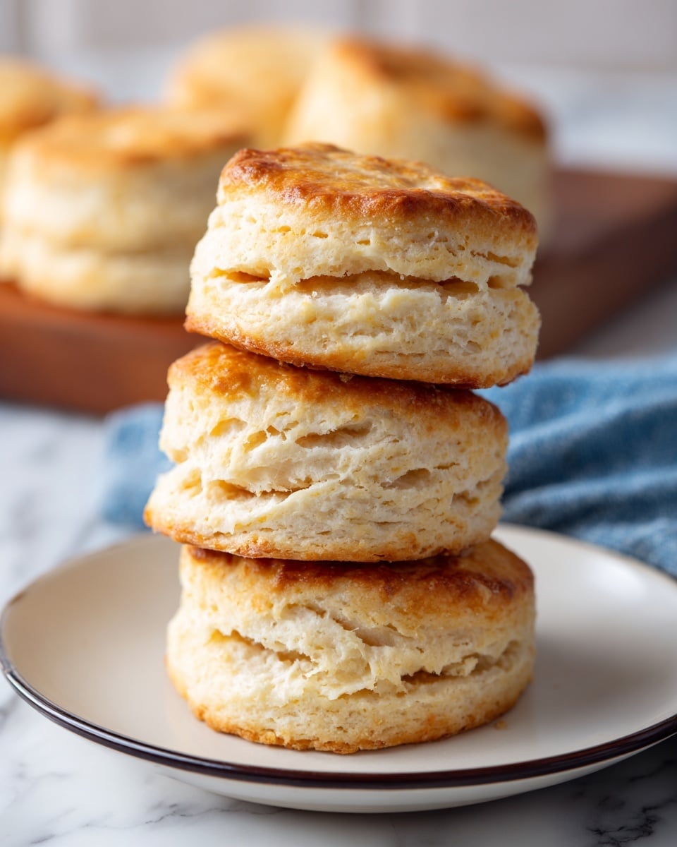 A stack of golden brown biscuits with three clear soft layers each is placed on a white plate with a thin black rim. The biscuits have a slightly rough texture on the surface with crack lines and a fluffy inside. In the background, there is a wooden board with more biscuits, and a blue cloth napkin lies beside the plate on a white marbled surface. The lighting is bright and natural, highlighting the warm tones of the biscuits and the soft details of their crumb photo taken with an iphone --ar 4:5 --v 7