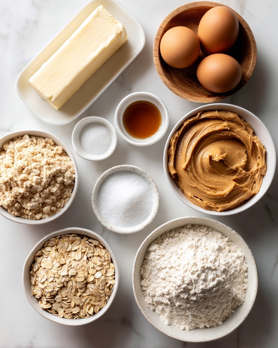 The image shows several baking ingredients arranged on a white marbled surface. There is a wooden bowl at the top right holding two brown eggs. Below it, a white bowl is filled with a smooth, light brown peanut butter. Next to it, closer to the center, is a white bowl filled with fine white flour. To the left of the flour is a white dish holding a rectangular block of butter. Above the butter, there are three small white bowls arranged horizontally with salt, vanilla extract, and another ingredient in powder form. At the bottom left side, three white bowls are filled with light brown sugar, rolled oats, and white granulated sugar respectively. The colors of the ingredients contrast softly with the white marbled surface, creating a clean and inviting layout. photo taken with an iphone --ar 4:5 --v 7