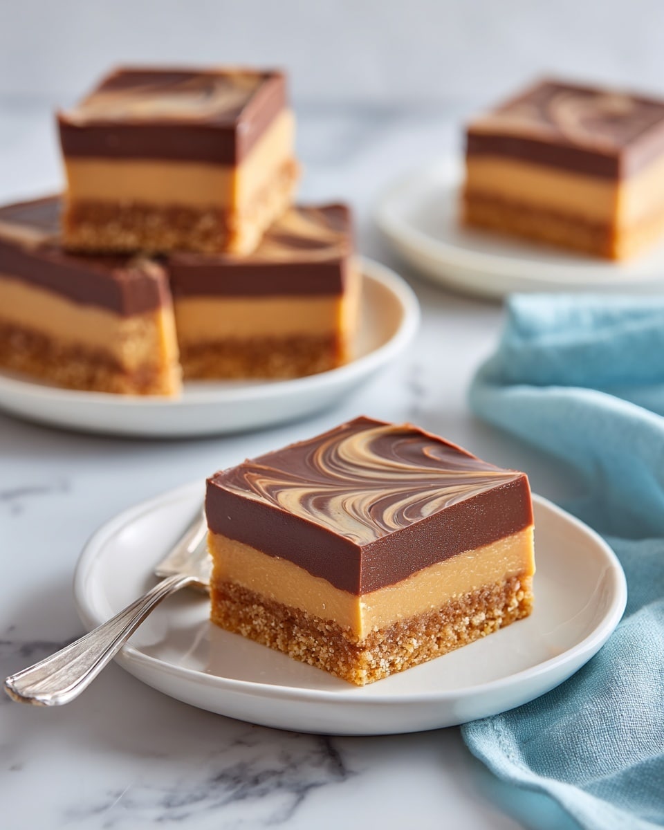 The image shows a close-up of a square layered dessert bar with two layers: a light tan crumbly base and a thick smooth chocolate brown frosting on top with a slightly textured pattern. The bar sits on a white plate with a thin black rim, and a silver fork is placed beside it. In the background, there is a tall stack of the same dessert bars with three visible layers of tan base and chocolate frosting, also on a white plate with a thin black rim. Another piece of the dessert bar is partially visible on a third white plate with a thin black rim on a white marbled surface, with a blue cloth nearby. Photo taken with an iphone --ar 4:5 --v 7