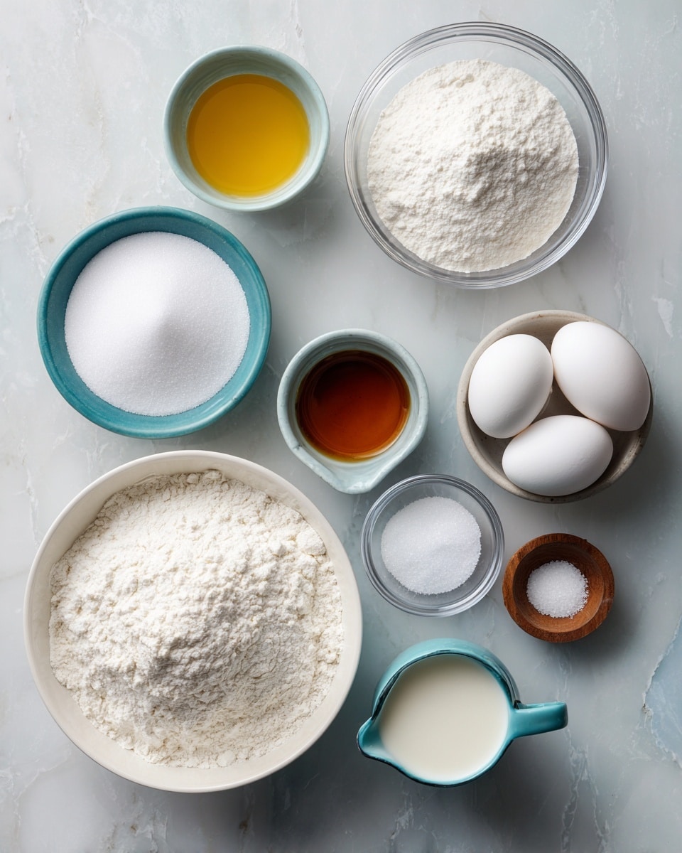 The image shows eight small white bowls and one white measuring cup, all placed on a white marbled surface. The largest white bowl at the bottom holds 1 ¼ cups of white all-purpose flour with a powdery texture. Above it, a medium clear bowl is filled with ¾ cups of white granulated sugar, smooth and fine. To the left, a small white bowl contains ½ cup of yellow vegetable oil with a shiny liquid look. Next to it, a white bowl holds two large white eggs with a smooth surface. At the top right of the eggs is a small white bowl with golden brown vanilla extract liquid. Below that, a white measuring cup is filled halfway with white milk. Adjacent to the milk is a small clear bowl with 1 ¼ teaspoons of white baking powder, powdery and fine. Above that, a small clear bowl contains ½ teaspoon of white baking soda, powdery and smooth. Lastly, a small brown wooden bowl holds ½ teaspoon of white salt crystals. Each ingredient is labeled with dark teal blocks and white text. photo taken with an iphone --ar 4:5 --v 7