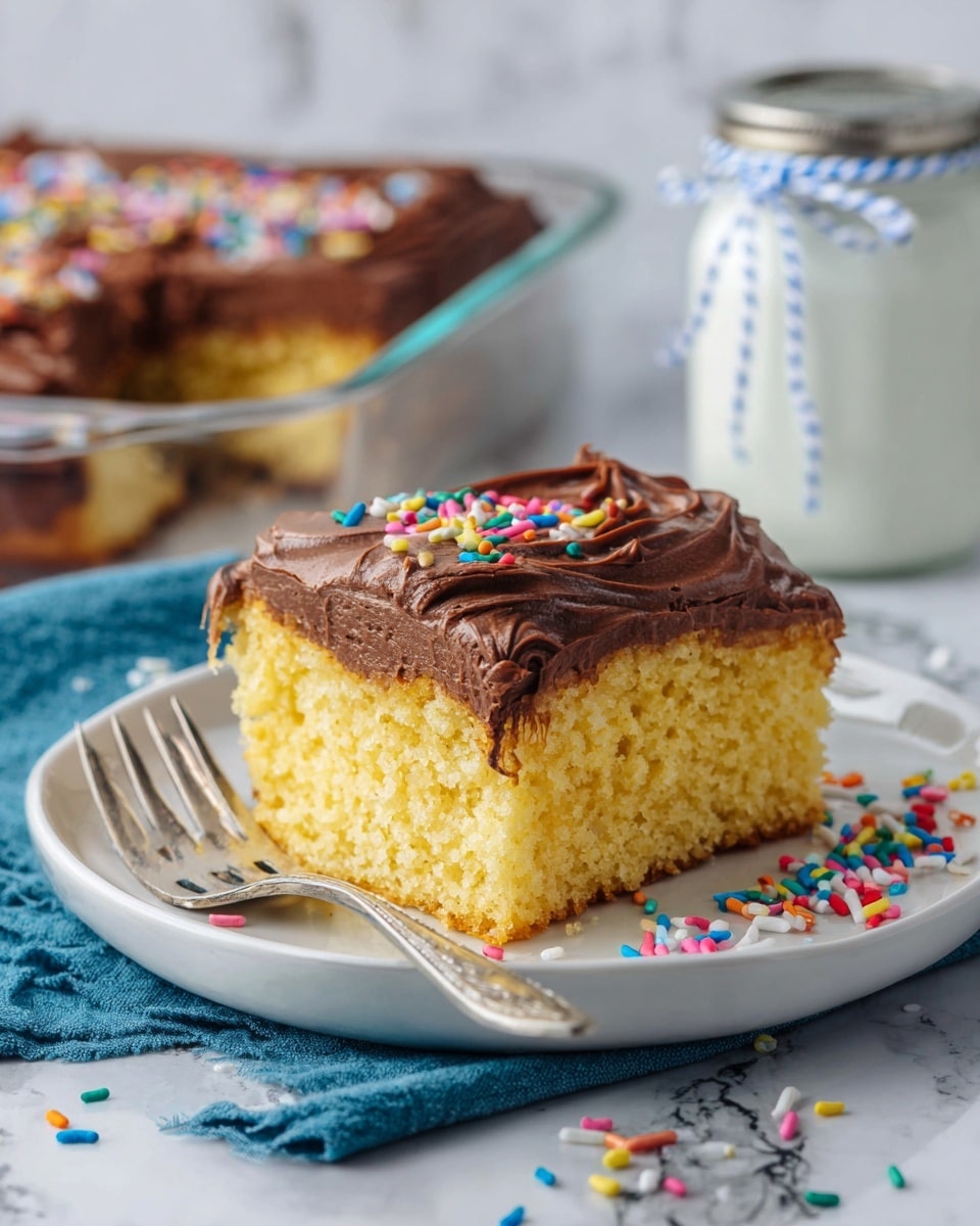 The image shows a single square piece of yellow cake with a thick, smooth layer of dark brown chocolate frosting spread on top. The cake looks soft and spongy with a golden brown bottom edge. The cake is placed on a white plate, which has colorful sprinkles scattered around the cake. A silver fork sits on the right side of the plate. The plate rests on a blue cloth on top of a white marbled surface. In the background, there is a glass container with chocolate frosting and a white jar with a silver lid, tied with a blue and white string. Photo taken with an iphone --ar 4:5 --v 7