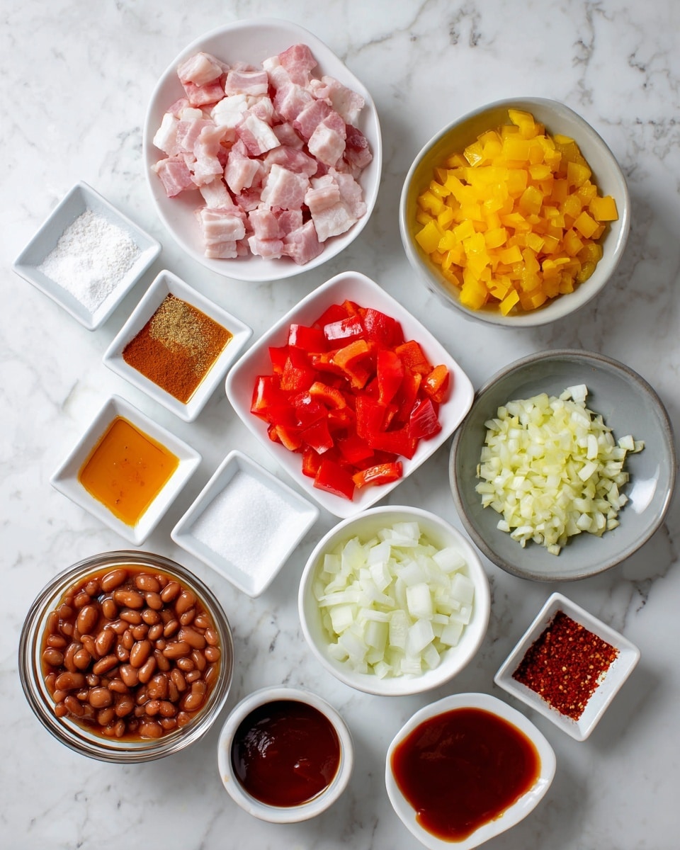 A collection of small white bowls and a clear glass bowl arranged on a white marbled surface, holding various ingredients including light pink and white chunks of raw bacon in one bowl, bright red chopped bell peppers in another, yellow minced garlic on a small plate, and white diced onions in a gray bowl. There are also small white square dishes holding white salt, black pepper, dark red paprika, and orange chili powder. In addition, white bowls contain mustard sauce, light brown sugar, bright orange liquid (possibly oil), dark brown barbecue sauce, and red ketchup. The clear glass bowl at the bottom left holds brown baked beans in sauce. The bowls and ingredients are neatly spaced and viewed from above photo taken with an iphone --ar 4:5 --v 7