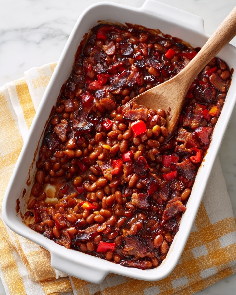 A close-up view of a white rectangular baking dish filled with baked beans mixed with red bell pepper pieces and small chunks of bacon, all coated in a glossy, thick, dark brown sauce. A wooden spoon is scooping some of the beans on the right side, showing the moist and rich texture of the beans and sauce. The dish is on a white marbled surface with a yellow and white striped cloth partially visible under the baking dish. photo taken with an iphone --ar 4:5 --v 7