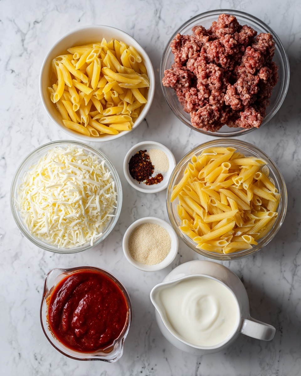 The image shows seven containers arranged on a white marbled surface, each holding a different cooking ingredient. At the top right, there is a white bowl filled with finely ground Italian sausages in a reddish-brown color. Just below it to the right, there is a clear glass bowl full of yellow penne pasta. Below the pasta, a clear measuring jug contains thick dark red marinara sauce. On the lower left side, there is a white bowl filled with shredded white mozzarella cheese. Above that, another small white bowl contains light yellow grated parmesan cheese. Near the center, a small white pitcher holds smooth, off-white heavy cream. To its top left, there are two small white bowls – one holding dark red red pepper flakes and the other a beige powder mix of onion and garlic powders. The setup is clean, tidy, and clearly shows each ingredient separated in simple containers. Photo taken with an iphone --ar 4:5 --v 7