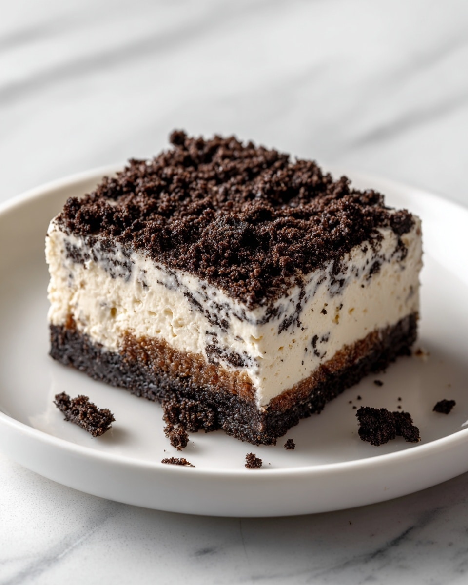 A square piece of dessert sits on a white plate, placed on a white marbled textured surface. The dessert has three visible layers: the bottom layer is a dark crushed cookie base that looks crunchy, the middle layer is a thick creamy white filling mixed with bits of dark cookies, and the top layer is a thick crumbly dark cookie topping. The layers look soft and smooth in texture, except for the crumbly top that adds roughness. The dessert is neatly cut with some cookie crumbs slightly falling at the edges. Photo taken with an iphone --ar 4:5 --v 7