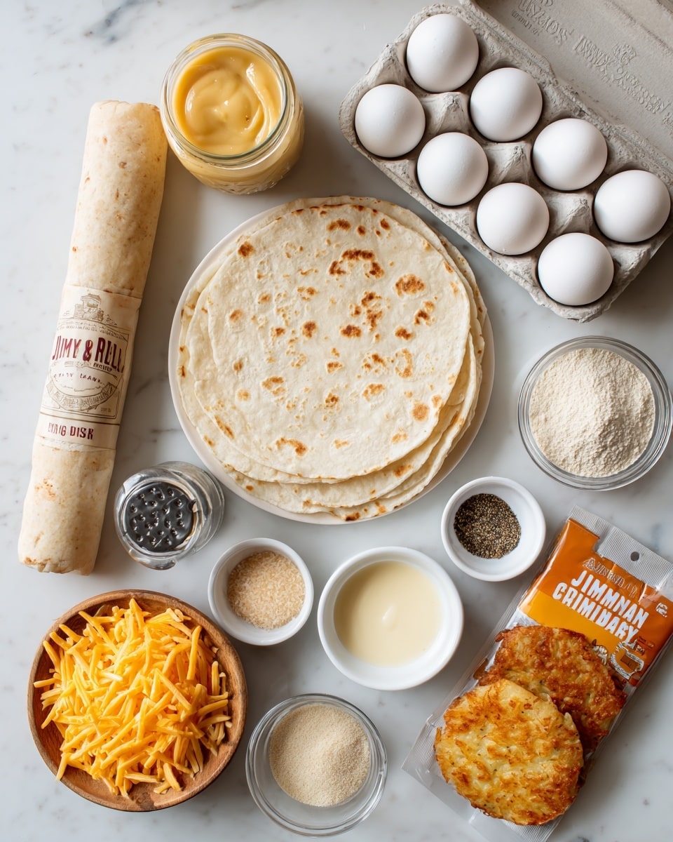 The image shows ingredients neatly arranged on a white marbled surface, ready to make breakfast wraps. In the center is a stack of three light beige tortillas with faint toasted spots. Near the top, a carton holds six large white eggs. To the left, a beige sausage roll labeled