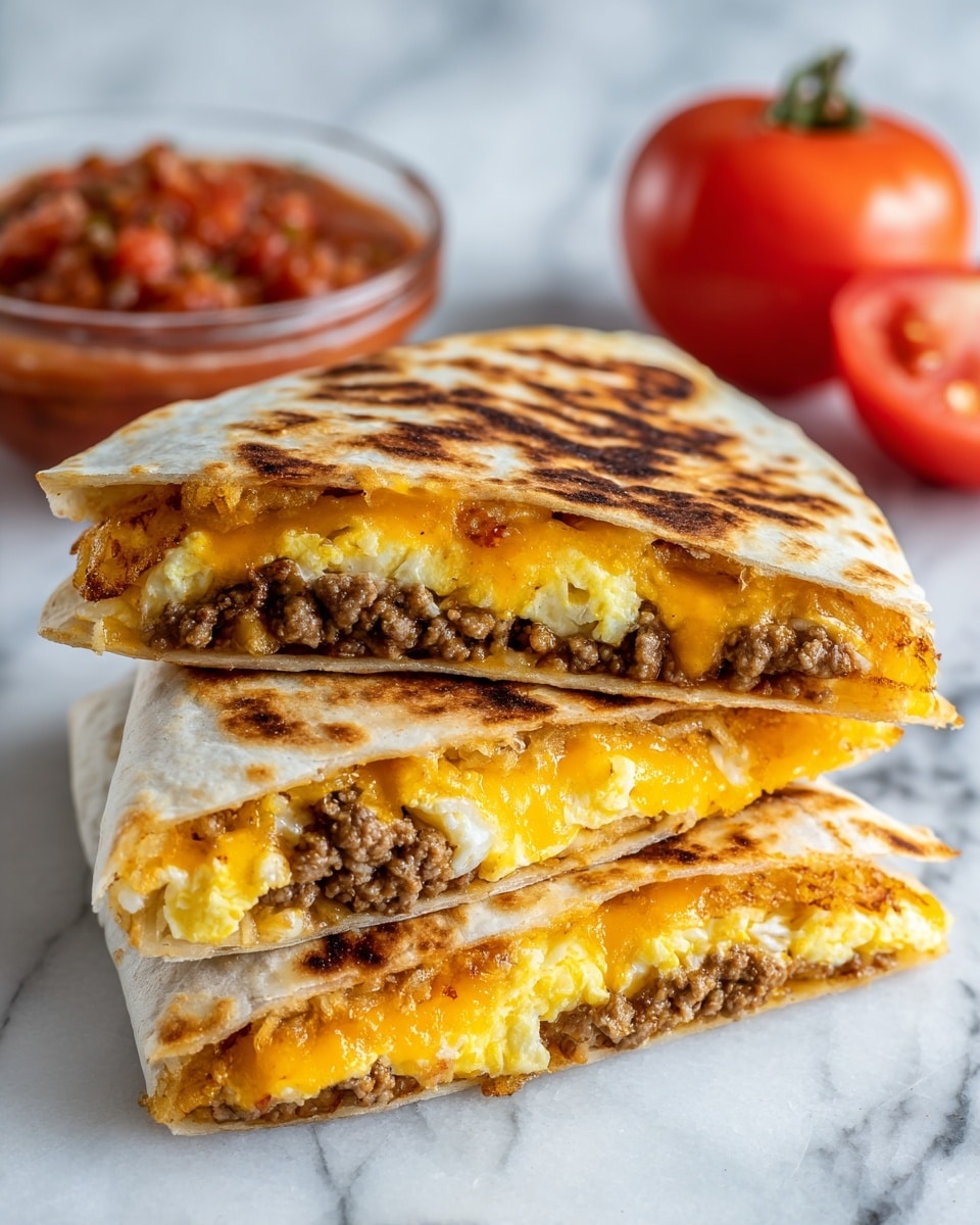 A stack of three folded quesadillas with crispy golden brown tortilla shells showing clear grill marks. Each quesadilla is cut in half and filled with three visible layers: a yellow melted cheddar cheese layer closest to the tortilla, a layer of scrambled eggs with a soft texture, and a layer of cooked brown sausage meat with a crumbly texture. The quesadillas are placed on a white marbled surface with a slice of red tomato and a white bowl of chunky red salsa in the background. photo taken with an iphone --ar 4:5 --v 7