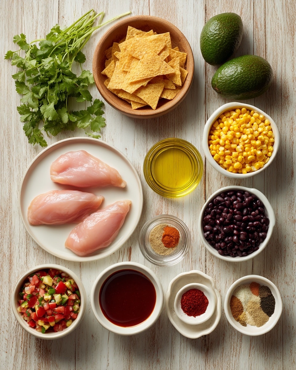 The image shows ingredients arranged neatly on a wooden surface with a white marbled texture. In the center bottom, a white plate holds three pale pink raw chicken pieces. To the left, a bunch of green cilantro lies relaxed, near two whole dark green avocados. At the top left, a round light wooden bowl holds crunchy, light brown tortilla strips. Next to it on the right, three small white bowls each hold different ingredients: black beans, bright yellow corn kernels with small red pieces, and a fresh tomato salsa with red, green, and purple bits. Below them are two smaller white containers; one has a glossy dark red sauce, and the other holds small piles of colorful spices including brown, red, black, and beige shades. A small clear cup filled with golden olive oil sits in the middle. To the right side, there is a box of yellow rice mix and a carton of chicken broth, partly shown, adding a splash of bright colors and text. photo taken with an iphone --ar 4:5 --v 7