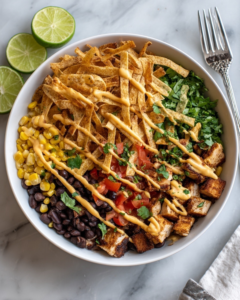 The image shows a white bowl filled with a layered dish starting with a base of black beans and yellow corn mixed with small pieces of red onion and chopped tomatoes. On top of this are chunks of grilled chicken with a golden brown color, drizzled with creamy yellow and orange sauces. The final layer is a generous pile of crispy, thin, light brown strips that add texture. Two lime slices are placed at the back edge of the bowl. The bowl is set on a wooden surface with a silver fork nearby. photo taken with an iphone --ar 4:5 --v 7