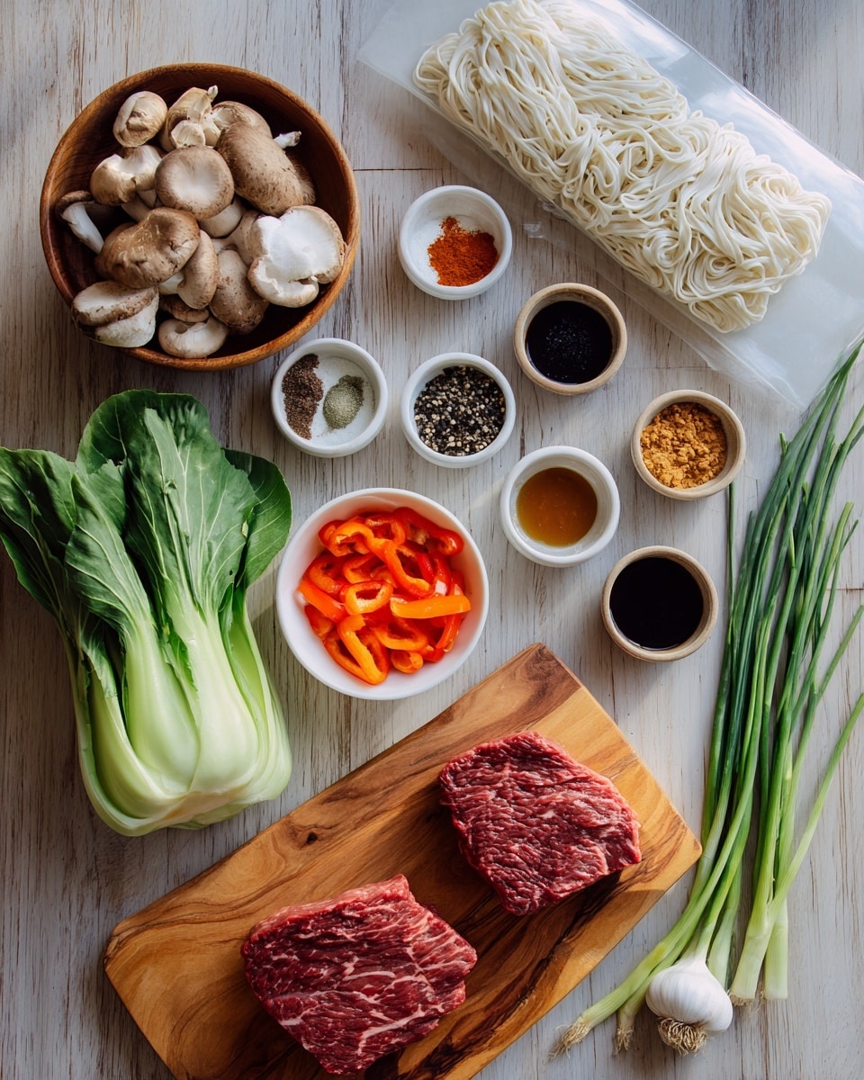 A top-down view of various ingredients placed on a wooden surface with a white marbled texture added. There are two raw red beef pieces on a light wooden cutting board at the bottom right. To the left of the meat, a small white bowl holds bright red sliced peppers. Above the peppers are small wooden bowls and white dishes containing different spices and sauces, including black pepper, salt, brown sugar, chili flakes, white flour, and dark soy sauce. To the top left, a wooden bowl filled with pale sliced mushrooms sits next to a fresh pale green bok choy with large, smooth leaves. Three bright orange carrots with green tops are nearby. A clear plastic pack of white udon noodles lies in the upper right. Additionally, there is a cluster of long, thin green chives on the right side. A whole bulb of white garlic and different small cups of dark and light sauces are scattered among the ingredients. Photo taken with an iphone --ar 4:5 --v 7