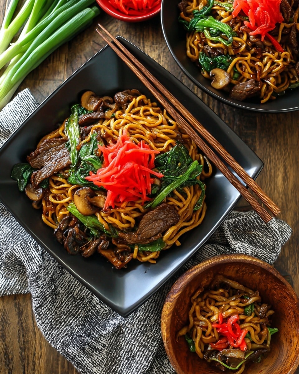 The image shows a black square bowl filled with stir-fried noodles mixed with dark brown meat slices, light brown mushrooms, thin orange carrot strips, and green leafy vegetables. A bright pile of thin, shredded red pickled ginger sits on top in the center of the bowl. Two wooden chopsticks rest diagonally across the edge of the bowl. Next to it on the right is a smaller wooden bowl with the same dish and red ginger on top, placed on a white marbled surface covered in a gray and white striped cloth. On the left side, there are green scallions, a white garlic bulb, and a small white bowl holding more red pickled ginger. A black and white dish with folded dumplings is partly visible in the bottom left corner. Photo taken with an iphone --ar 4:5 --v 7