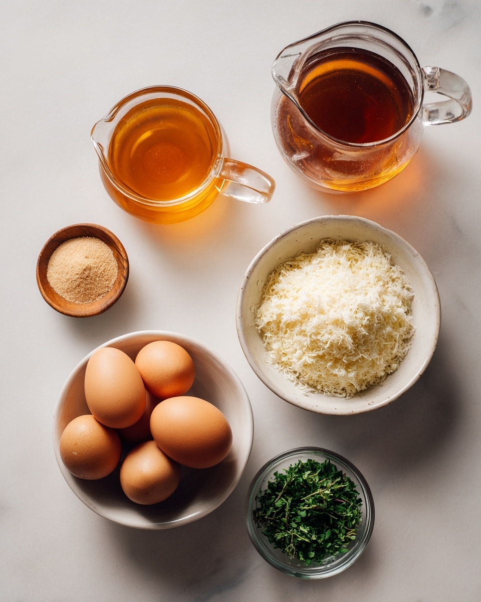 A white marbled surface holds a simple arrangement of ingredients: a clear glass pitcher with an amber liquid, a white bowl filled with six smooth brown eggs, a white bowl of fine grated cheese piled in a small mound, a small glass bowl with chopped green herbs, and a tiny wooden bowl containing a light brown powder. The colors are soft and natural, with the light shining evenly across the scene, showing textures from the smooth eggs to the fluffy cheese and coarse herbs. photo taken with an iphone --ar 4:5 --v 7