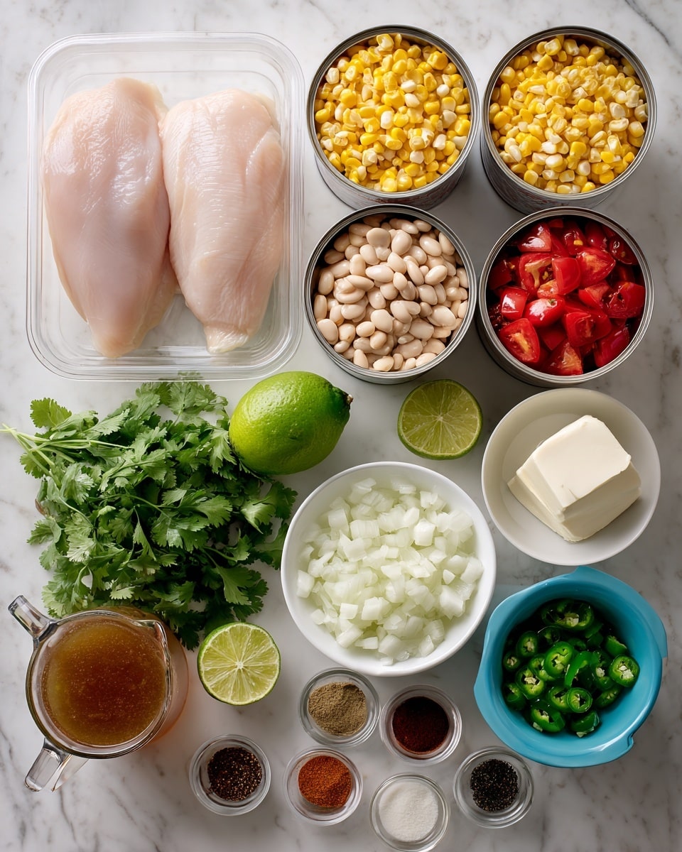 The image shows many cooking ingredients placed neatly on a white marbled surface. At the bottom left, there are two raw chicken breasts in a clear plastic container. Above them is a bunch of fresh green cilantro and a whole lime with a bright green color. To the right, several small white bowls hold diced white onions, sour cream with a smooth creamy texture, and a block of white cheese. Nearby, there is a glass measuring cup filled with brown broth. At the top, two open cans reveal bright yellow corn kernels and light brown beans, with another can beside them holding red diced tomatoes with green diced peppers. There is also a small blue bowl with chopped green chilies. Scattered among these are five small containers holding different spices and seasonings in shades of brown, red, and black. The overall look is fresh and colorful, set against a clean white marbled background. photo taken with an iphone --ar 4:5 --v 7