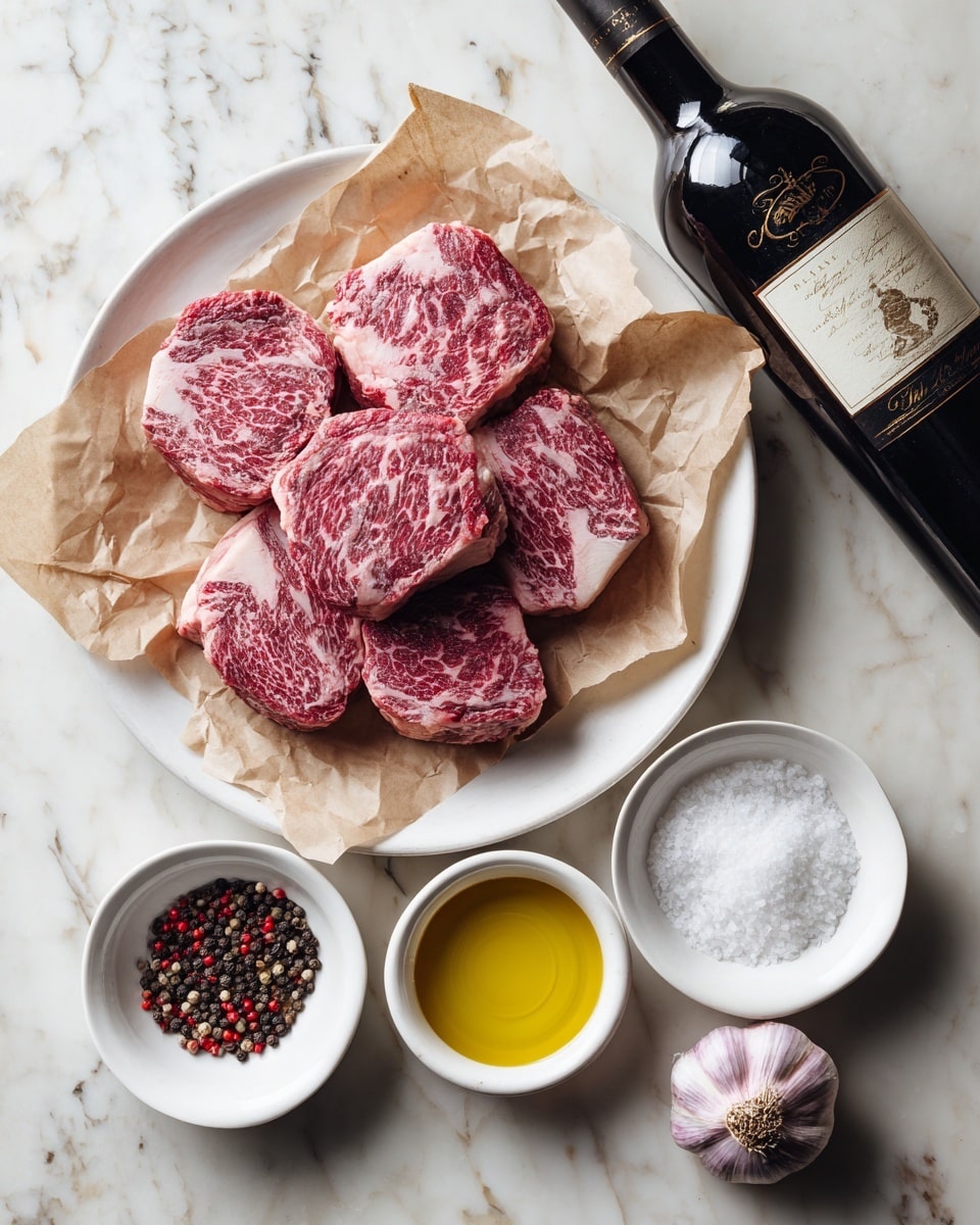 A white round plate holds seven thick pieces of raw beef with red and white marbling, arranged on crumpled brown paper in the center. To the left of the plate are two small white bowls, the top one filled with coarse salt and the bottom one filled with mixed black and red peppercorns. Between these bowls and the plate is another small white bowl filled with golden olive oil. Below the olive oil bowl lies a head of garlic with a pale purple tint. To the right of all ingredients is a dark wine bottle with a black and gold label resting on a white marbled surface. Photo taken with an iphone --ar 4:5 --v 7
