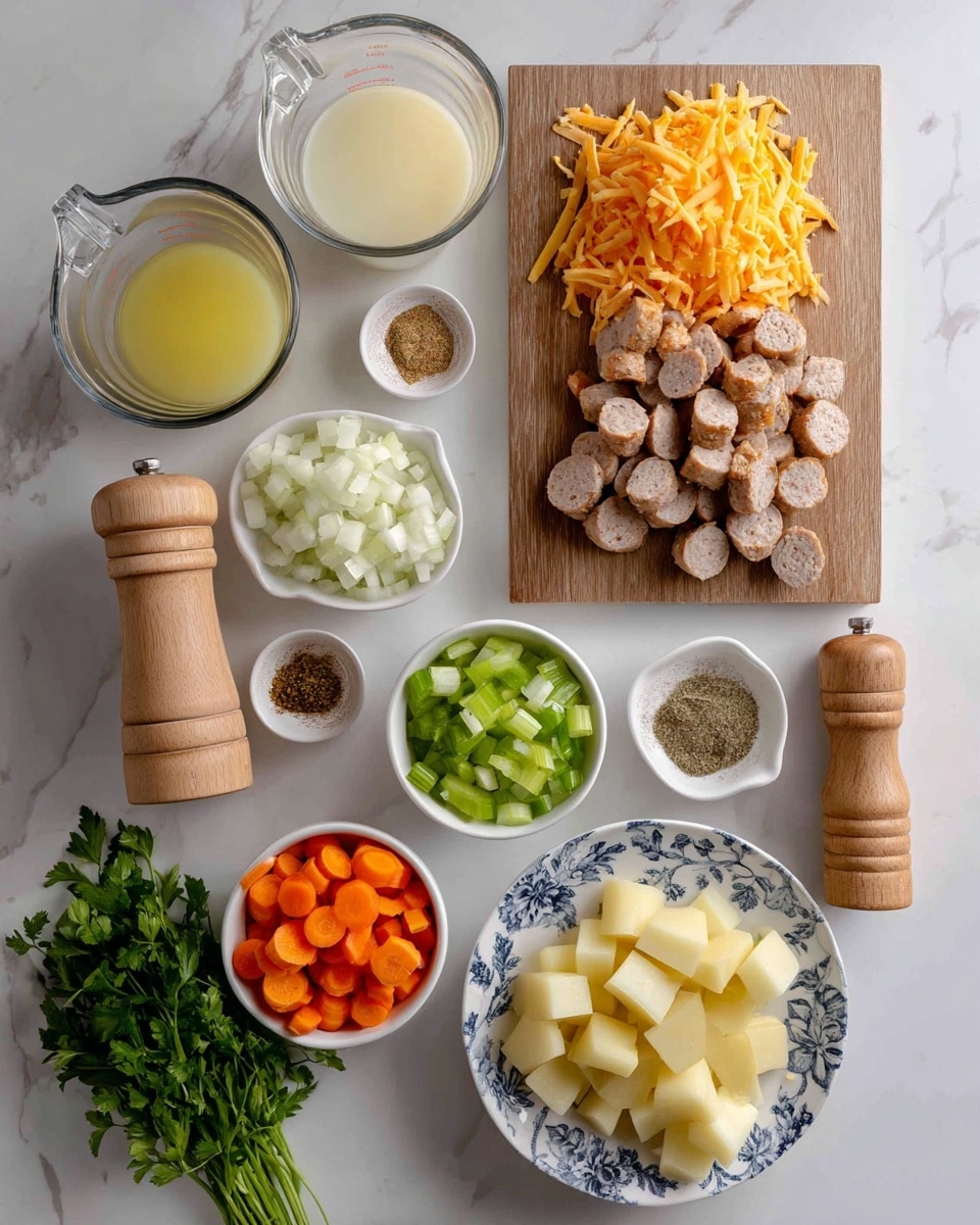 The image shows various ingredients neatly arranged on a white marbled surface. At the top left, there are two clear glass measuring cups, one filled with a pale yellow liquid and the other with a creamy white liquid. To the right, a wooden cutting board holds a pile of shredded orange cheese and sliced sausage pieces in light brown tones. Below the measuring cups, there are several small white bowls filled with different chopped vegetables: diced white onions, sliced green celery, and sliced bright orange carrots. Next to these bowls, there is a small white dish containing two different spices, and a bunch of fresh green parsley lies beside the cutting board. At the bottom right corner, a white plate with a blue floral pattern holds diced pale yellow potatoes. Two wooden pepper and salt grinders stand towards the left of the arrangement. Photo taken with an iphone --ar 4:5 --v 7