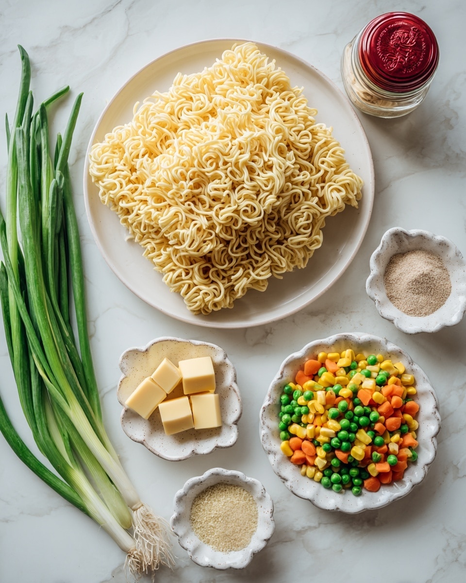 A decorative white plate filled with several blocks of uncooked yellow instant ramen noodles sits on a white marbled surface. To the right, a small white ceramic dish holds a mix of frozen peas, carrots, corn, and green beans. Below the plate and dish, two small white floral-shaped bowls contain some fine powders that look like seasoning. Around them, a small clear glass bowl holds three yellowish bouillon cubes. At the bottom left, a bunch of fresh green onions with white ends is placed diagonally on the same white marbled surface. A small glass jar with a red-covered lid sits near the frozen vegetable dish. photo taken with an iphone --ar 4:5 --v 7