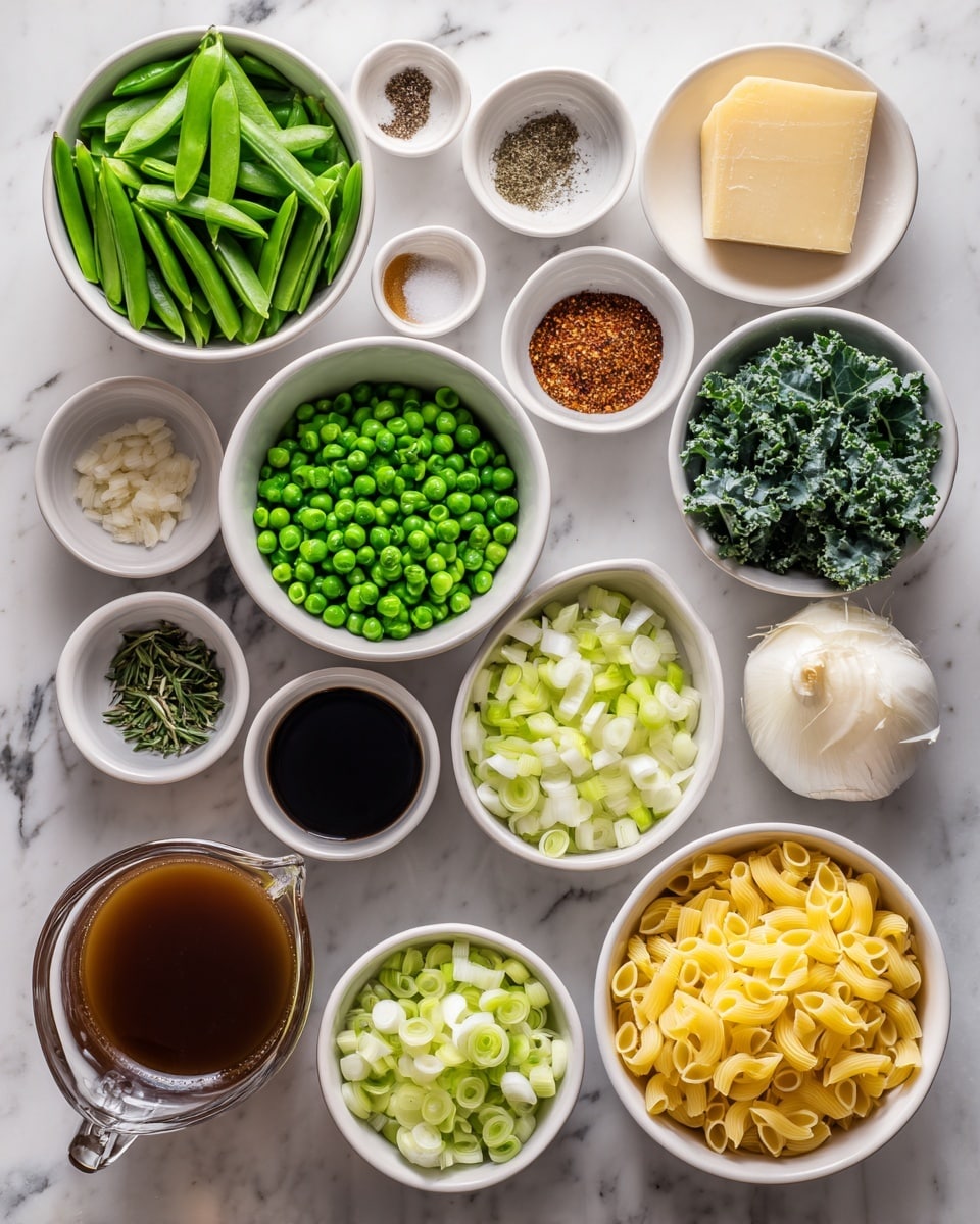 The image shows a top view of many ingredients placed on a white marbled surface. There are eleven bowls and cups with different foods: green snap peas in a white bowl at the top left, chopped celery in a white bowl next to it, green frozen peas in a white bowl near the center bottom, chopped onions in a white bowl to the right, yellow pasta in a white bowl on the right side, and chopped leeks in a white bowl at the bottom right. There is a wedge of cheese above the onions and kale leaves in a white bowl to the right of the cheese. Several small containers hold oil, black pepper, salt, red pepper flakes, minced garlic, and dried herbs placed between the bowls. A clear pitcher filled with brown broth is near the bottom left. photo taken with an iphone --ar 4:5 --v 7