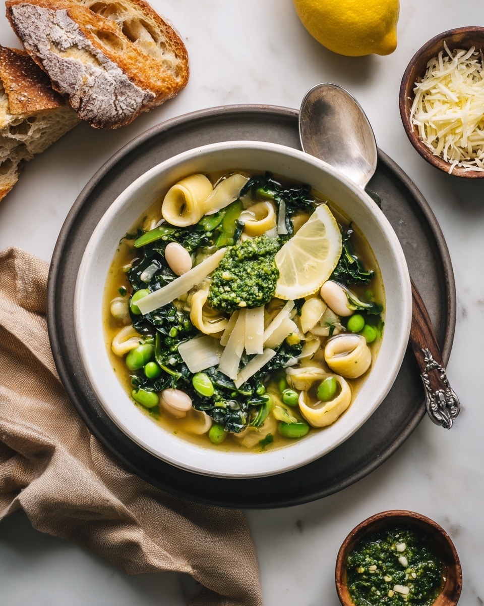The image shows a white bowl filled with a soup that has three main layers: the bottom layer is a light green broth, the middle layer is small pasta tubes mixed with white beans and bright green sugar snap peas, and the top layer features some dark leafy greens, a dollop of green pesto, and shavings of pale yellow cheese scattered throughout. A slice of lemon rests on the side of the bowl. The bowl sits on a dark plate with a woman's hand holding a torn piece of light brown bread nearby. Around the bowl, there is a small white dish with more grated cheese, a small wooden scoop holding extra pesto, and some fresh herbs on a white marbled surface. Photo taken with an iphone --ar 4:5 --v 7
