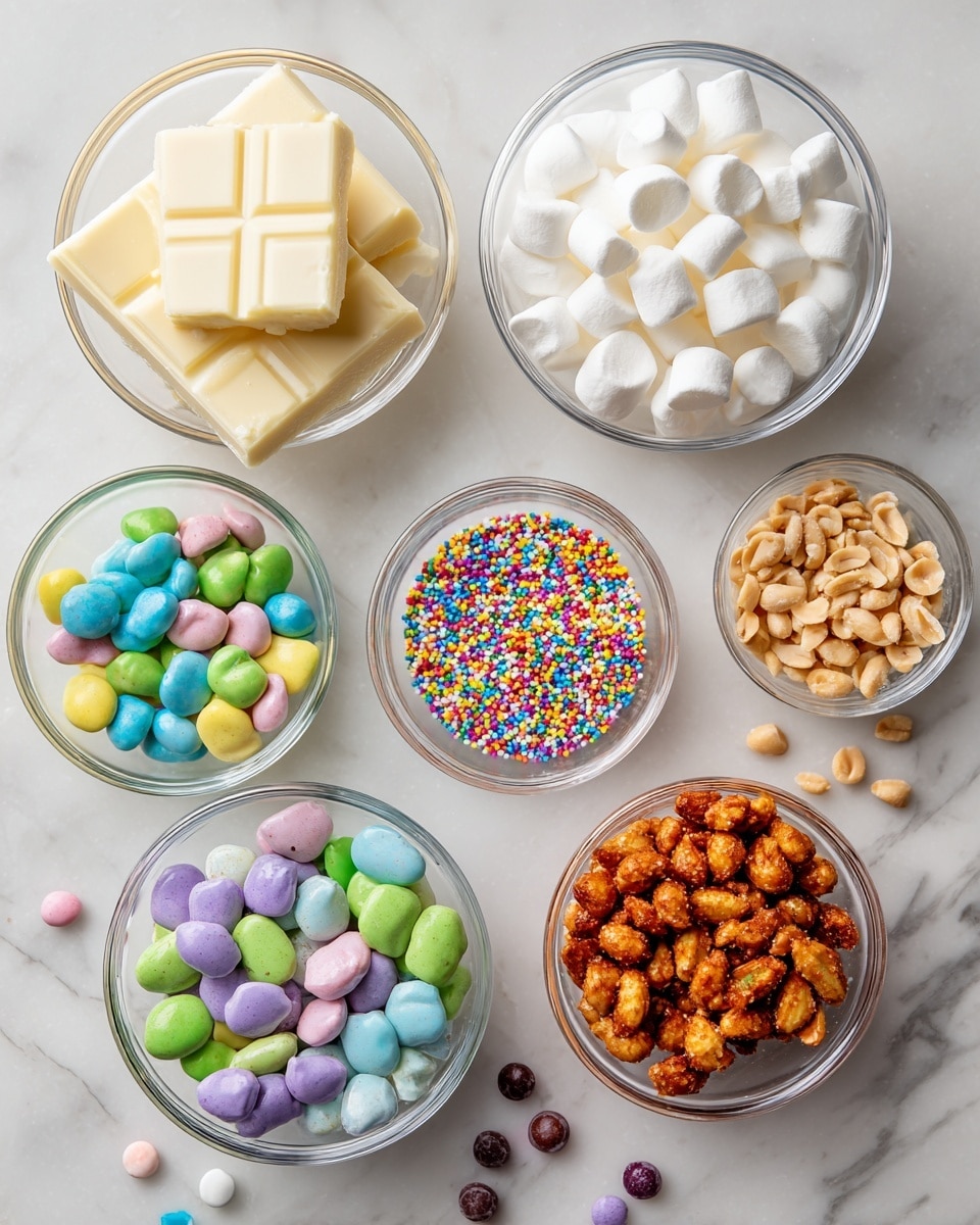 The image shows several clear glass bowls and two blocks of white chocolate on a white marbled surface. At the top right, there's a bowl filled with small white marshmallows. Below it, to the right center, is a small bowl with colorful sprinkles in yellow, blue, pink, green, and white. In the middle, slightly to the left, is a larger bowl filled with roasted peanuts, and below that, to the right, another bowl contains roasted peanuts coated with a reddish spice. At the bottom left, there's a bowl filled with pastel-colored candy-coated chocolates in green, yellow, blue, purple, and pink shades. Some scattered candies and peanuts lie around the bowls and chocolate blocks. Photo taken with an iphone --ar 4:5 --v 7