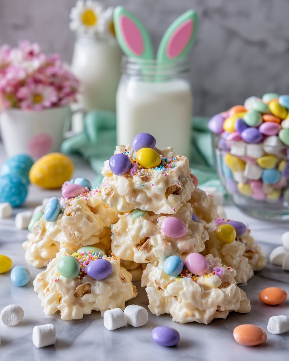 A pile of small white clusters made from creamy white coating mixed with nuts and colorful candy pieces sits in the center of a white marble surface. Each cluster is topped with bright pastel candy-coated chocolates in blue, purple, yellow, green, pink, and orange, along with small white marshmallows and tiny rainbow sprinkles scattered on and around them. Surrounding the pile are clear glass bowls filled with more candy-coated chocolates and nuts. In the background, there are pastel-colored mugs and jars of milk. The scene is bright and cheerful, with a sharp focus on the texture and colors of the clusters photo taken with an iphone --ar 4:5 --v 7